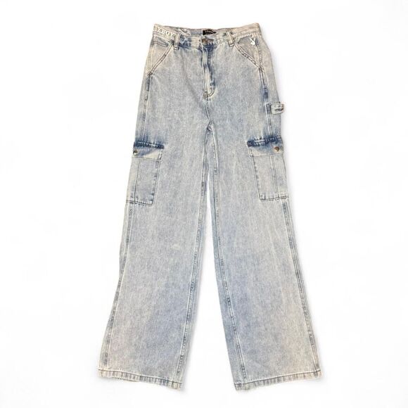 Playboy by PacSun Women’s Cargo Jeans Size 27 Light Wash Wide Leg Y2K Utility De - Picture 1 of 6